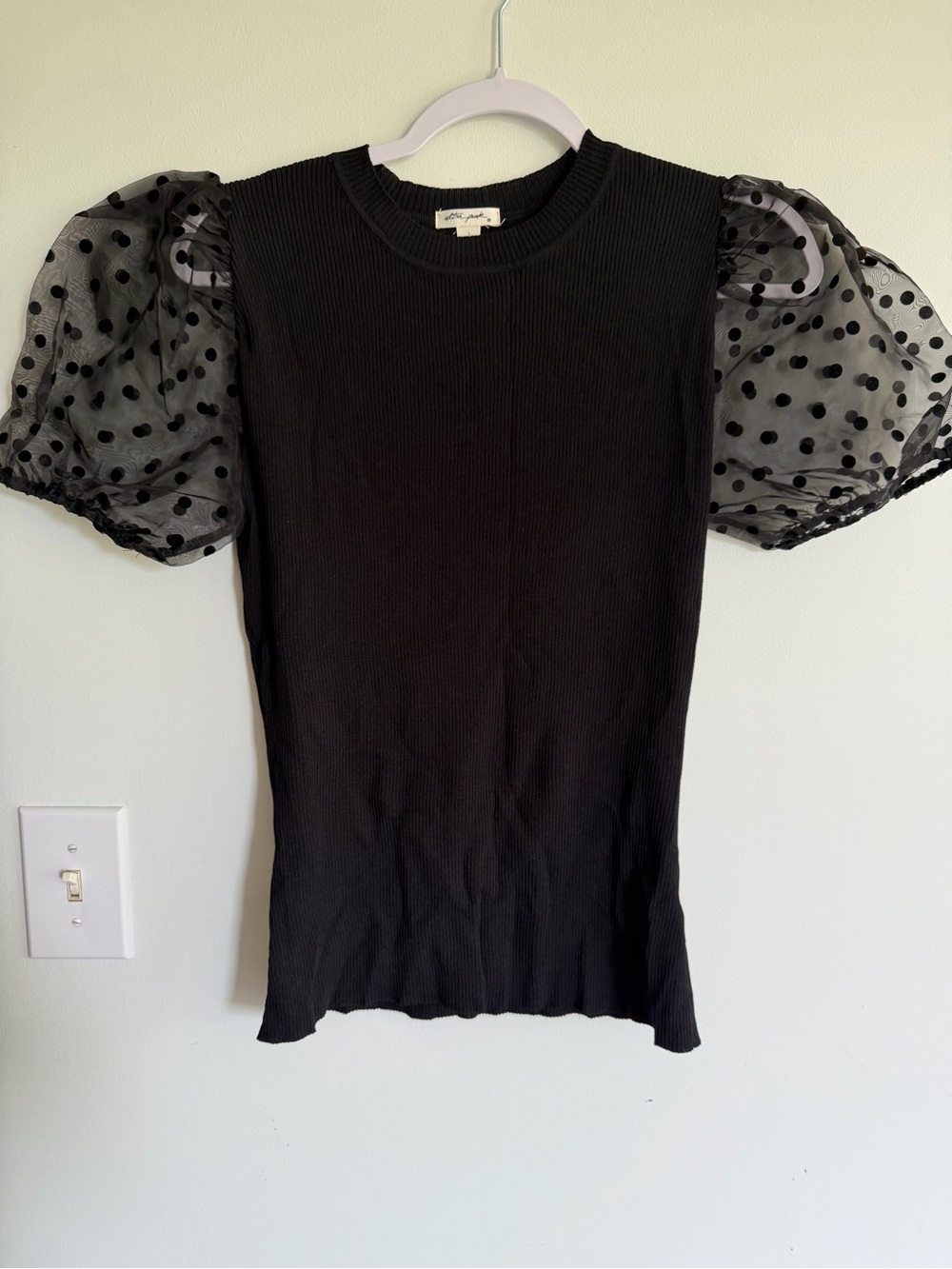 Ultra Pink Black Sheer Polka Dot Puff-Sleeve Knit Top Dark Academia Modern Work